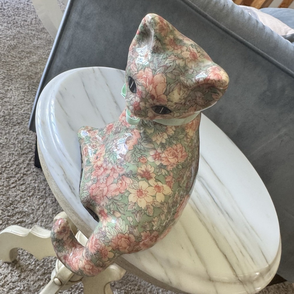 Vtg Decoupage Cat Floral Chintz Shelf Sitter San Francisco Music Box Co WORKS - Picture 4 of 8